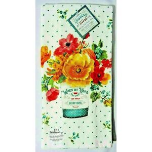 Lisa Audit Kitchen Towel Country Fresh Flowers Vase Green Dots White Gift NEW